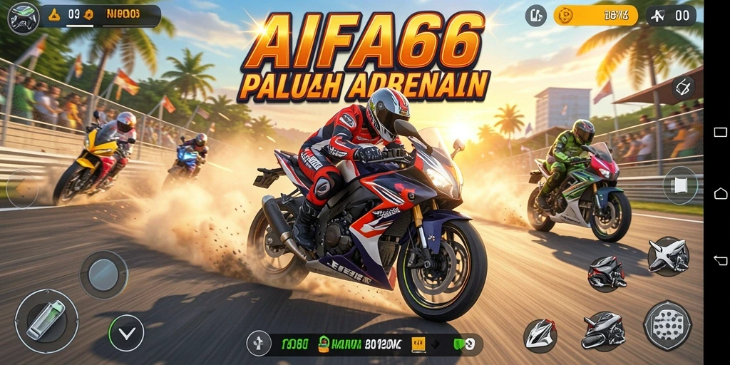 Screenshot menunjukkan aksi balapan motor yang mendebarkan di AIFA66.