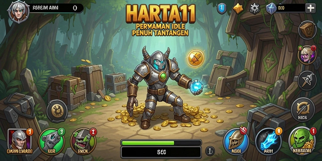 Tampilan gameplay HARTA11 dengan berbagai aktivitas Idle yang menarik.