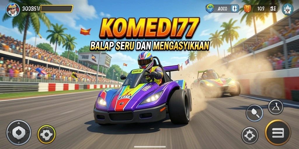 Tampilan gameplay seru dari KOMEDI77 saat balapan di lintasan.