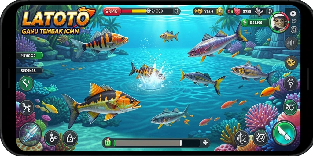 Tampilan gameplay LATOTO yang menarik dengan berbagai ikan untuk diburu.