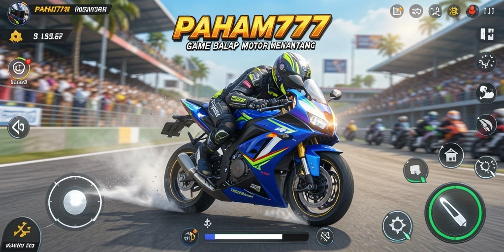 Tampilan gameplay seru dari PAHAM777 dengan balapan motor yang menantang.