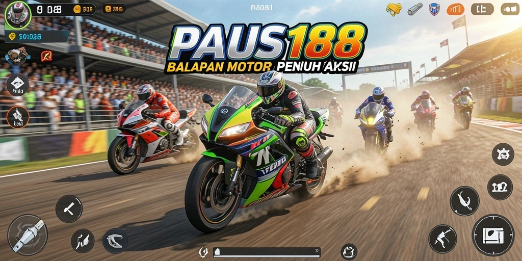 Screenshot utama PAUS188 menampilkan aksi balapan motor yang menegangkan.