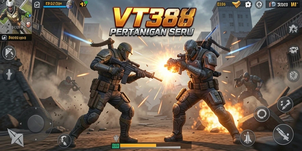 Screenshot utama VT38 menunjukkan aksi pertarungan yang intens dan mendebarkan.